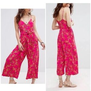 Free People Hot Pink Floral Tie-Waist Wide-Leg Jumpsuit